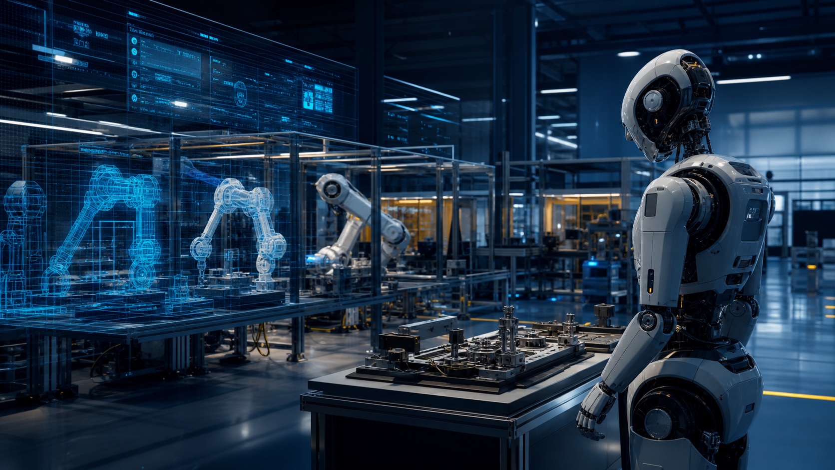 Conceito visual de humanoide industrial em laboratório de inovação